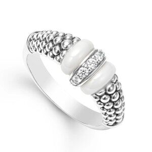 White Ceramic and Caviar Diamond Ring from Lagos (Sz7)